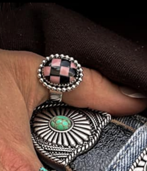 Pink & Black Checkered Print Sterling Silver Ring