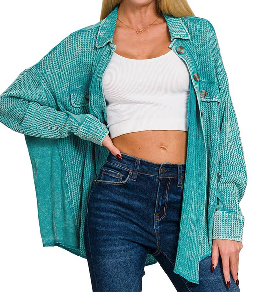 Acid Wash Oversized Waffle Shacket • Teal