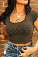 Charcoal Ribbed Short Sleeve Crop Top