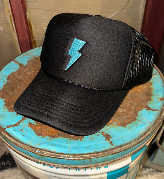 Turquoise Embroidered Lightening Bolt Trucker Hat