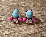 Handmade Natural Golden Hills Turquoise, Hot Pink Opal and Sterling Silver Post Earring